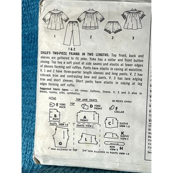McCalls 4016 pattern girls pajama top pants shots 1950s size 3 - Picture 4 of 5